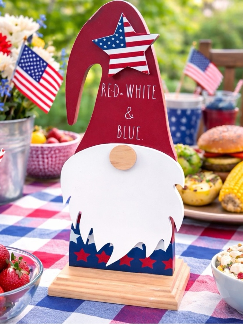Rae Dunn Patriotic Gnome Red White Blue Wood Shelf Decor July 4th Americana